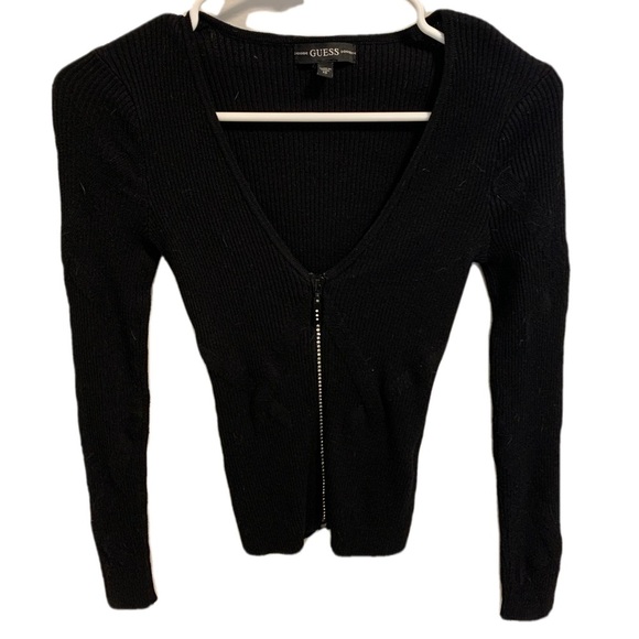 GUESS Black Ribbed Knit Rhinestone Zip-Up Cardigan Top - XS - Picture 1 of 10